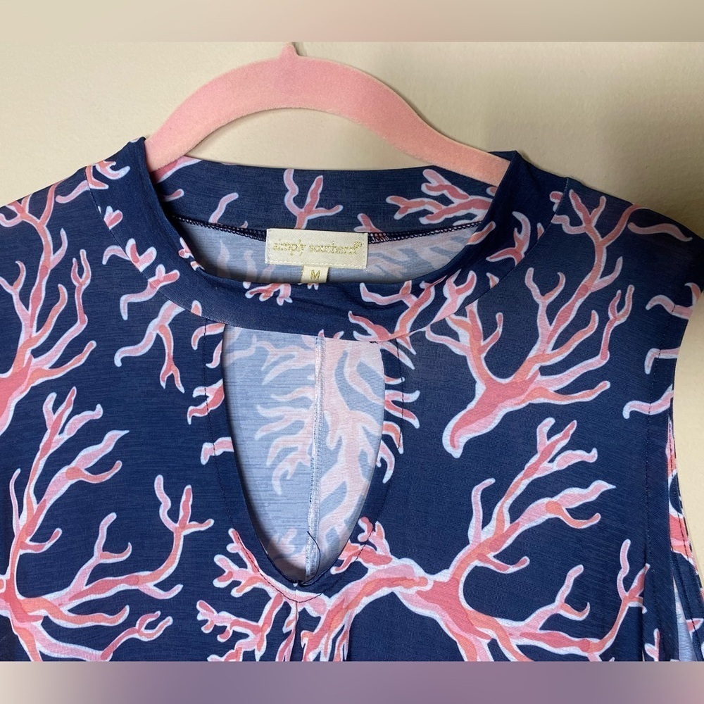 Simply Southern Navy and Pink Coral Print Dress with Tassel Detail M - Picture 4 of 6